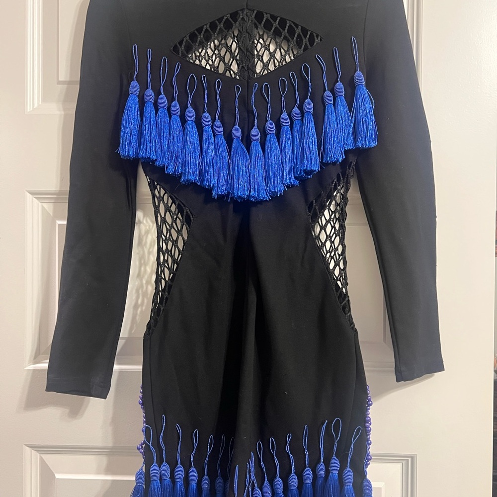 Balmain Black and Blue Long Sleeve Dress
